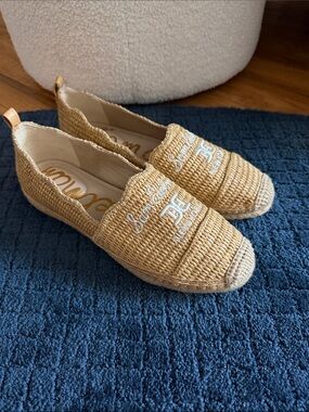 Sam Edelman Tan Woven Slip-On Espadrilles with Cream Embroidery